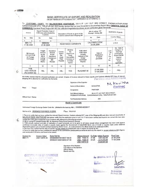 Bank Realization Certificate