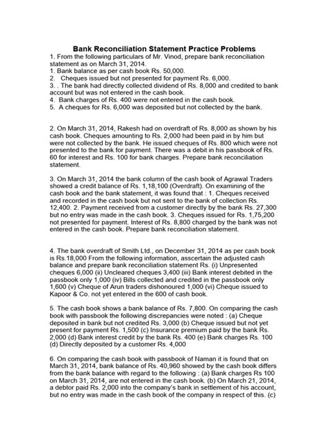 Bank Reconciliation Statement Problems And Solutions Pdf