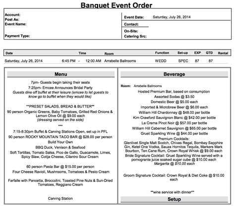 Banquet Event Order Samples