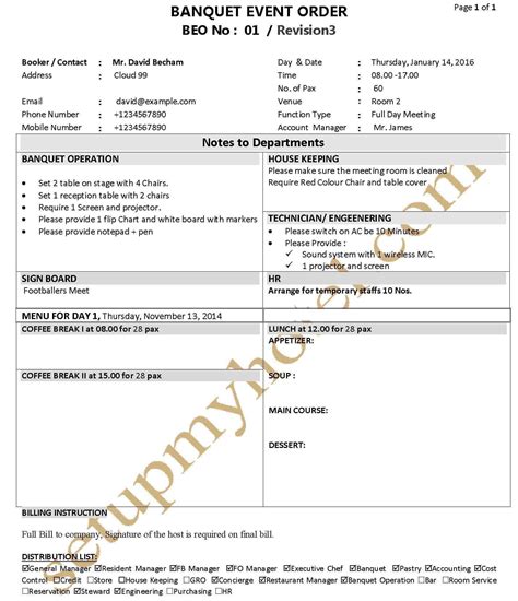Banquet Function Sheet