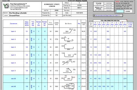 Bar Bending Schedule Sheet