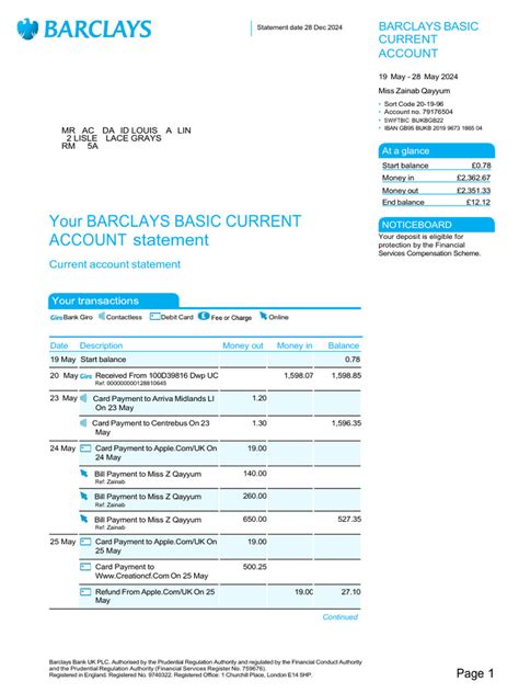 Barclays Bank Statement