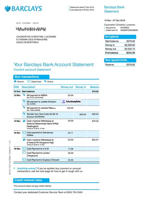 Barclays Bank Statement Template