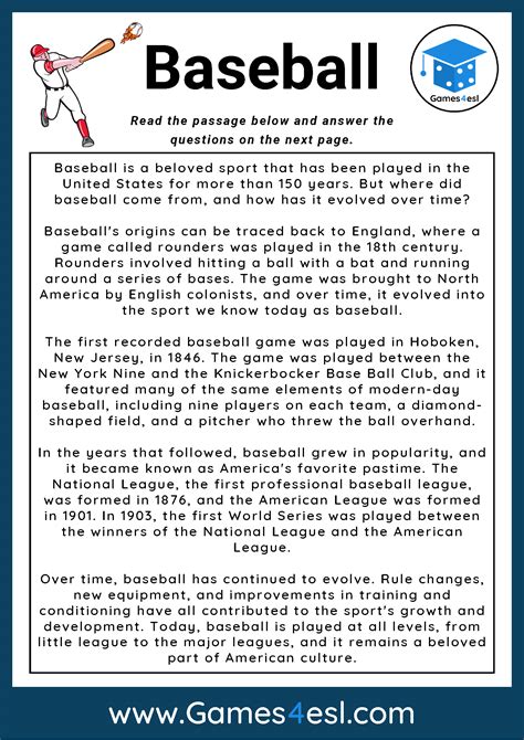 Baseball Fun Reading Comprehension Worksheet Edhelper 6th Grade Baseball Worksheet - 6th Grade Baseball Worksheet