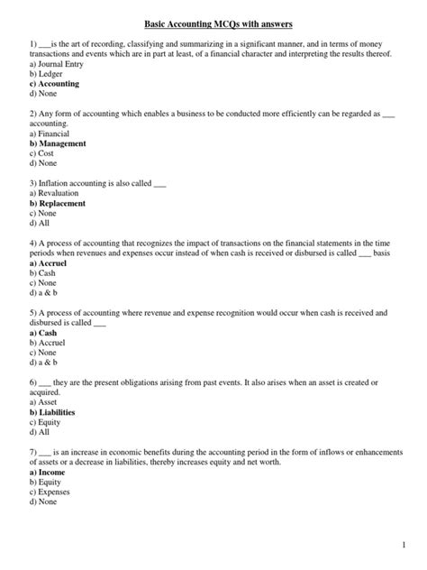 Basic Accounting Test Mcqs With Answers
