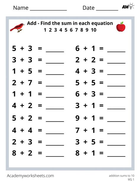 Basic Addition Worksheets For Sums Up To 20 Sums Of Ten Worksheet - Sums Of Ten Worksheet