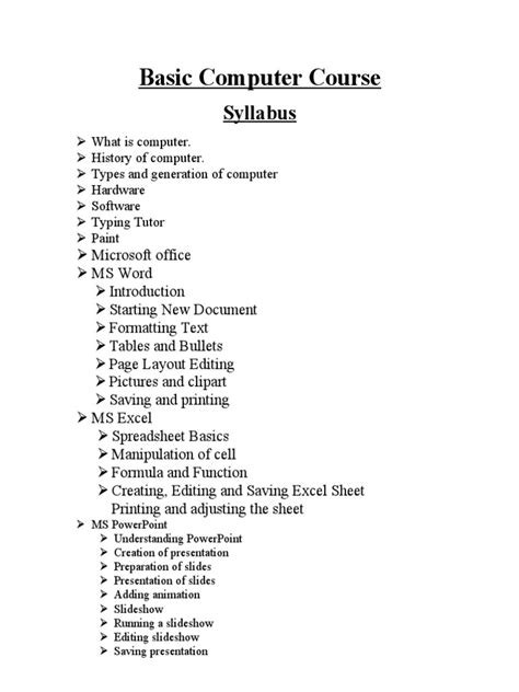 Basic Computer Course Syllabus