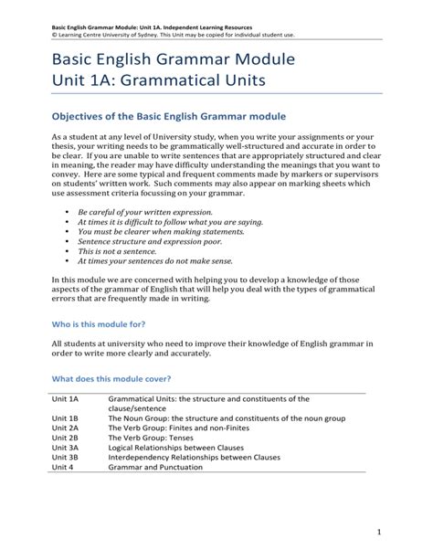 Basic English Grammar Module Unit University Of Sydney