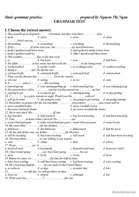 Basic English Grammar Test With Answers