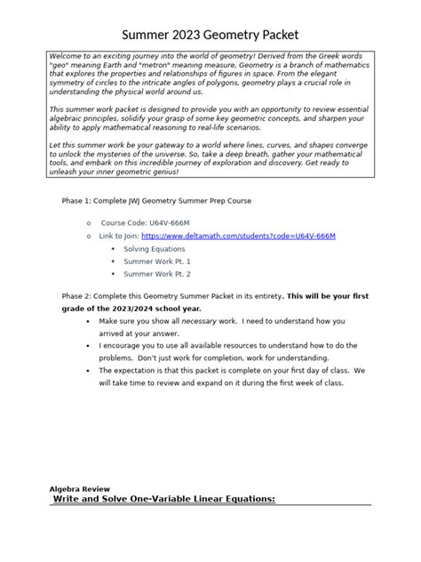 Basic Geometry Summer Packet Please Show All Work In The