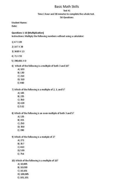 Basic Math Skills Test