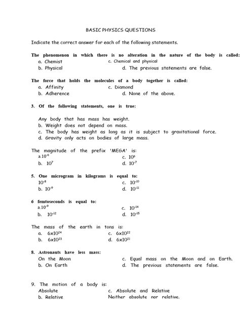 Basic Physics Quiz Questions And Answers