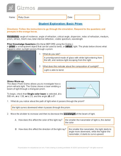 Basic Prism Gizmo Answer Key