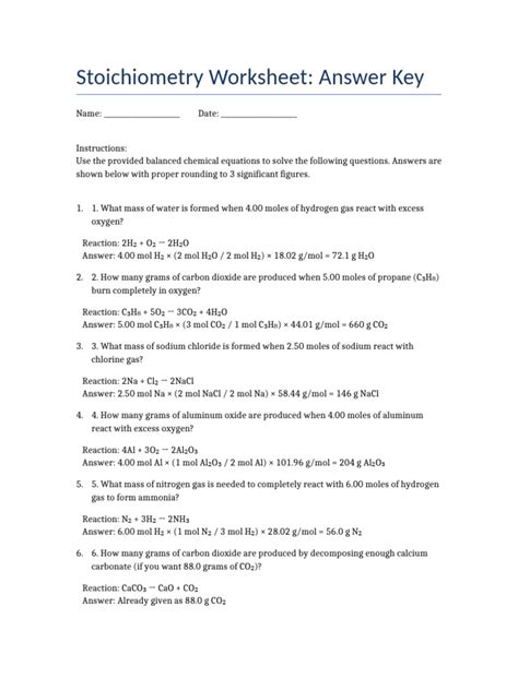 Basic Stoichiometry Post Lab Homework Exercises Answers