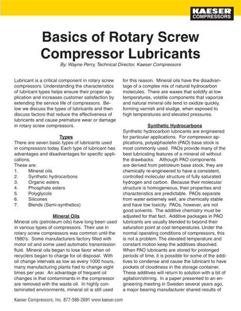 Read Online Basics Of Rotary Screw Compressor Lubricants Kaeser Canada 