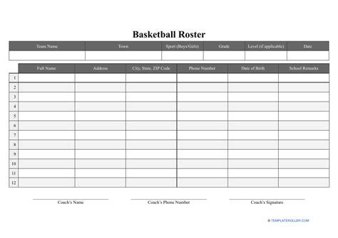 Basketball Roster Sheet