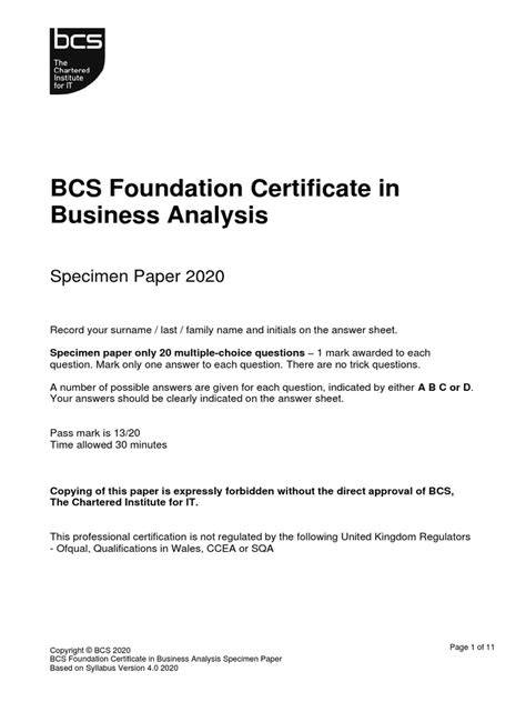 Bcs Business Analysis Foundation Sample Paper