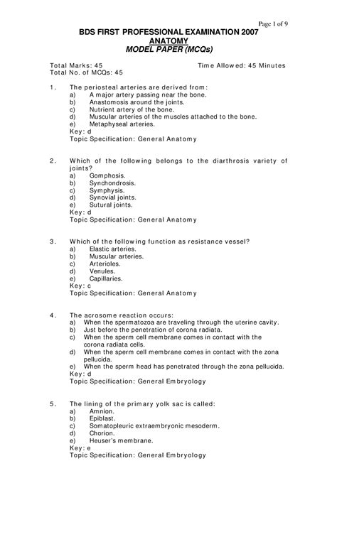 Bds First Professional Examination 2007 Physiology Mcqs