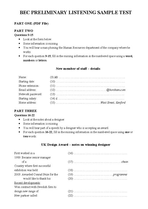 Bec Preliminary Practice Test Listening Part One Questions