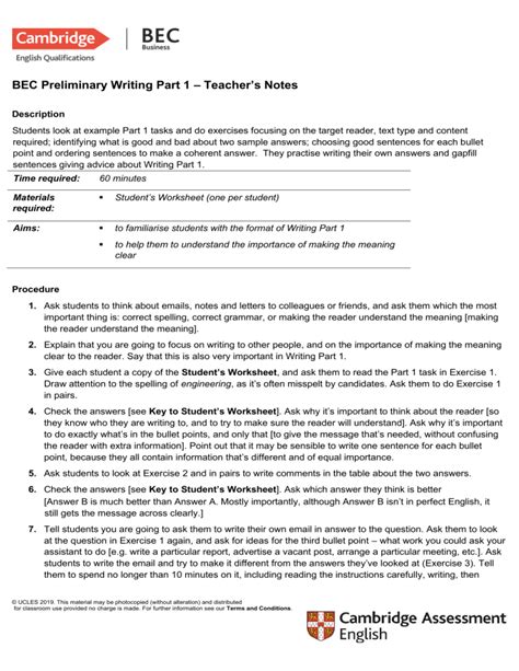 Bec Preliminary Reading Writing Sample Paper Cambridge
