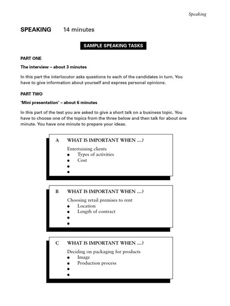 Bec Vantage Speaking Test Sample Worksheet