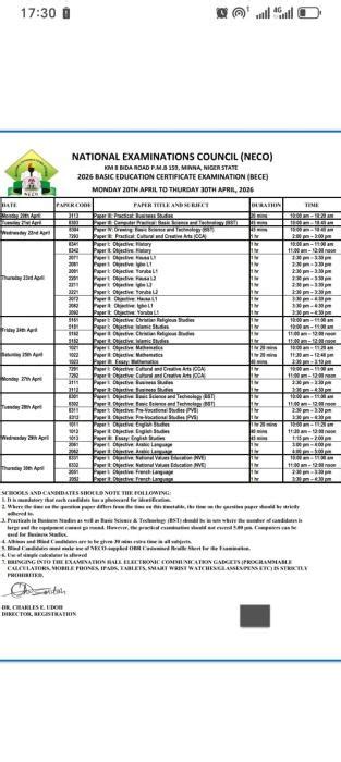 bece neco 2014 timetable
