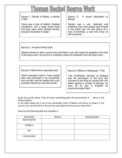 Becket And Henry Analysis Task Sources Worksheet John Henry Worksheet - John Henry Worksheet
