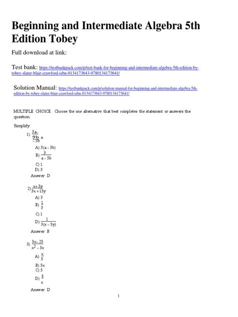 beginning and intermediate algebra 5th edition free