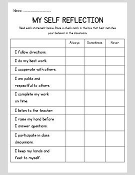 behavior self reflection sheet middle school