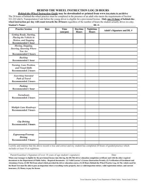 Behind The Wheel Instruction Log 30 Hours Tdlr