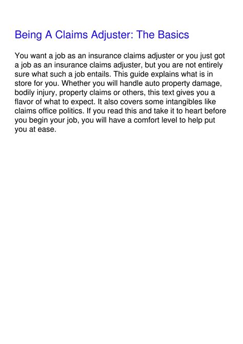 Download Being A Claims Adjuster The Basics 