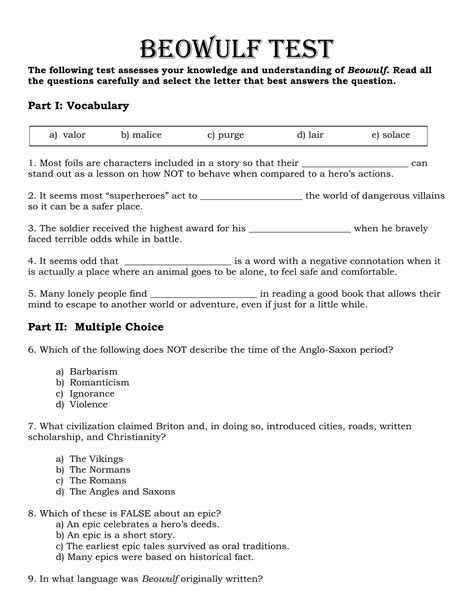 Beowulf Classic Literature Questions For Tests And Beowulf Kennings Worksheet Answers - Beowulf Kennings Worksheet Answers