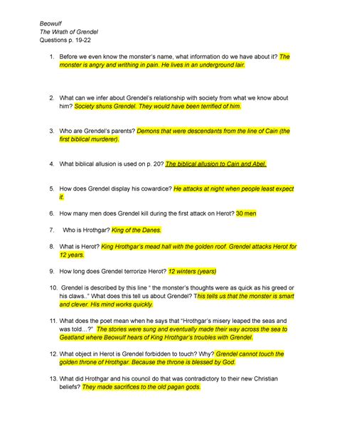 Read Beowulf Study Guide Answers Quizlet 