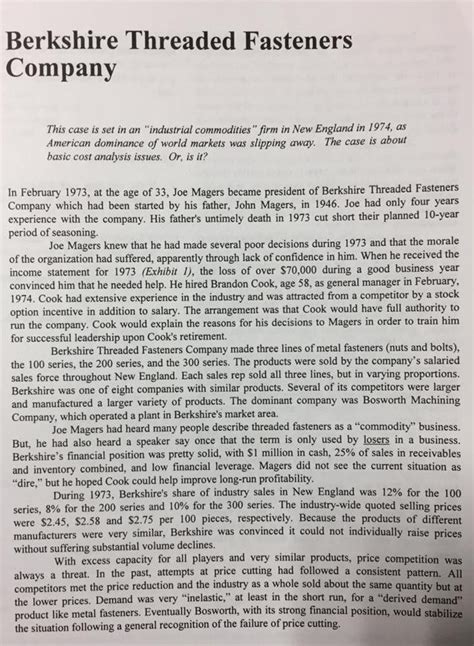 Download Berkshire Threaded Fasteners Company Case Solution 