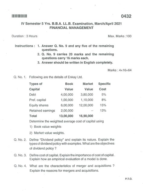 Read Bharathidasan University Financial Management Question Paper 