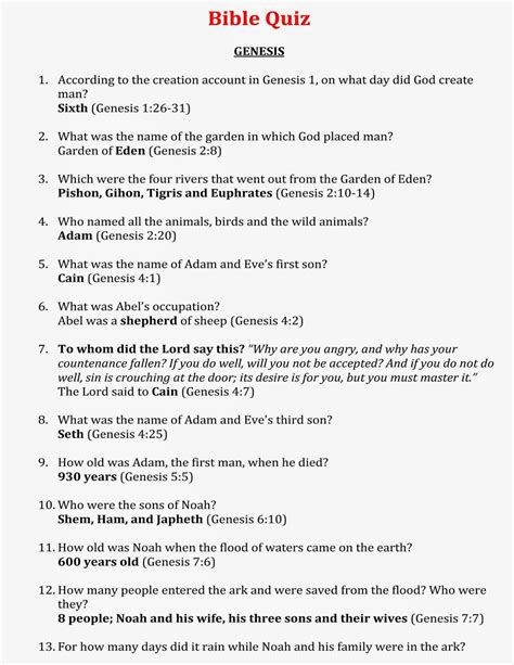 Read Online Bible Quiz And Answers From The Book Of Genesis 