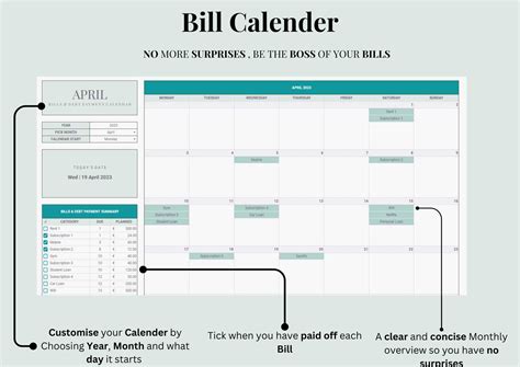 Bills Calendar Template