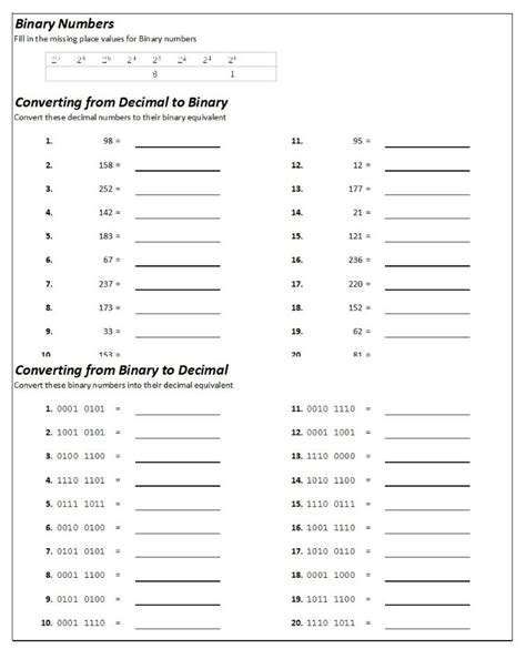 Binary To Decimal Conversion Worksheet   Converting Decimal Numbers To Binary Numbers A - Binary To Decimal Conversion Worksheet