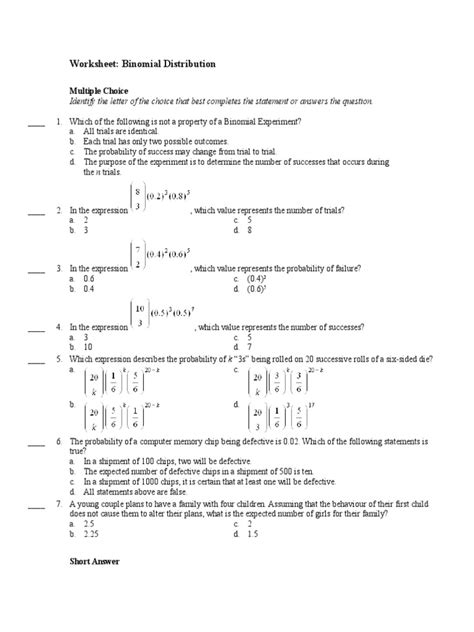 Binomial Probability Multiple Choice Questions Answer