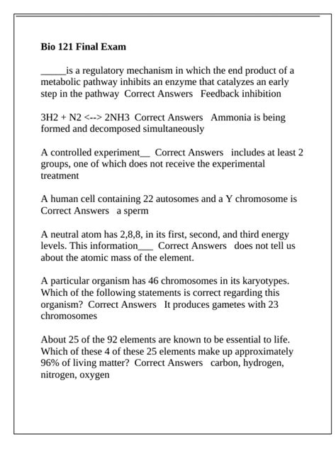 Bio 121 Final Exam Study Guide Answers