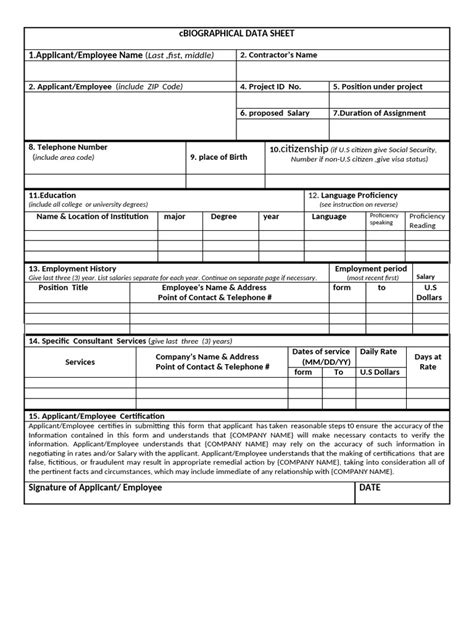biographical data for employment