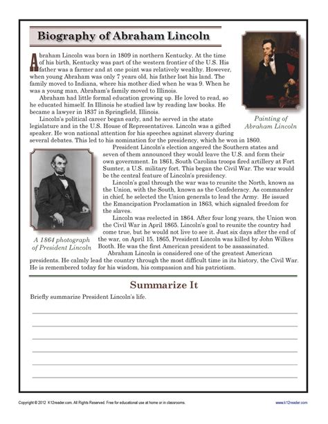 biography of abraham lincoln k12reader 4th grade