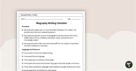 Biography Writing Checklist Structure Language And Features 6th Grade Biography - 6th Grade Biography