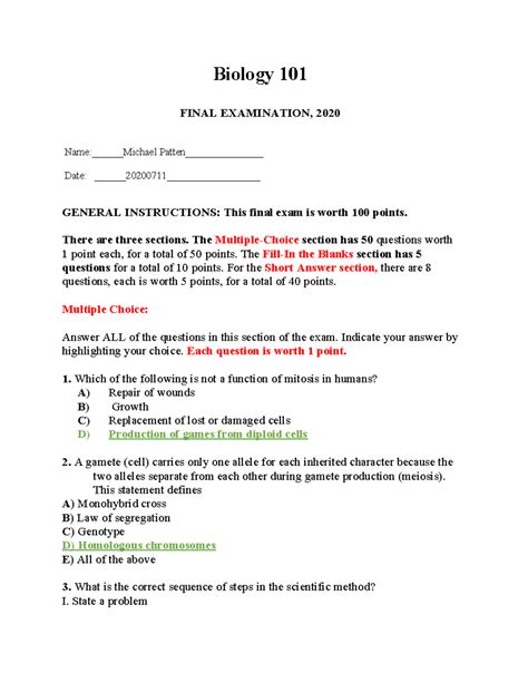 biology 101 final exam practice test