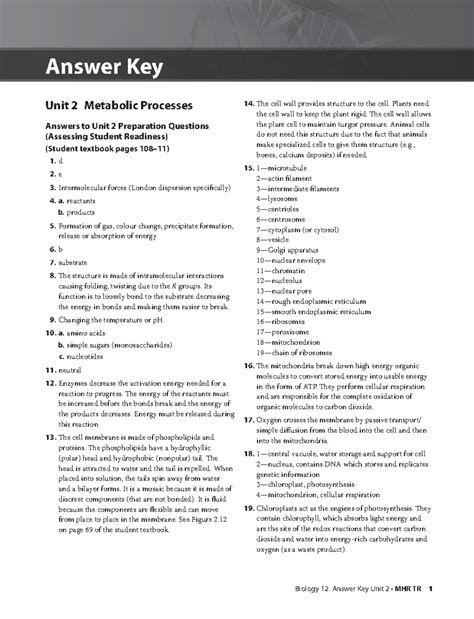 Biology 12 Answer Key Unit 4