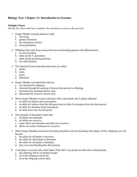 Biology Chapter 11 Genetics Test