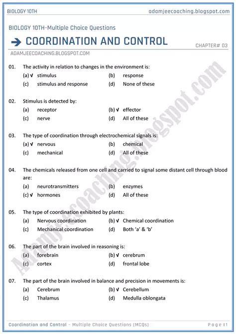 biology control and coordination mcqs