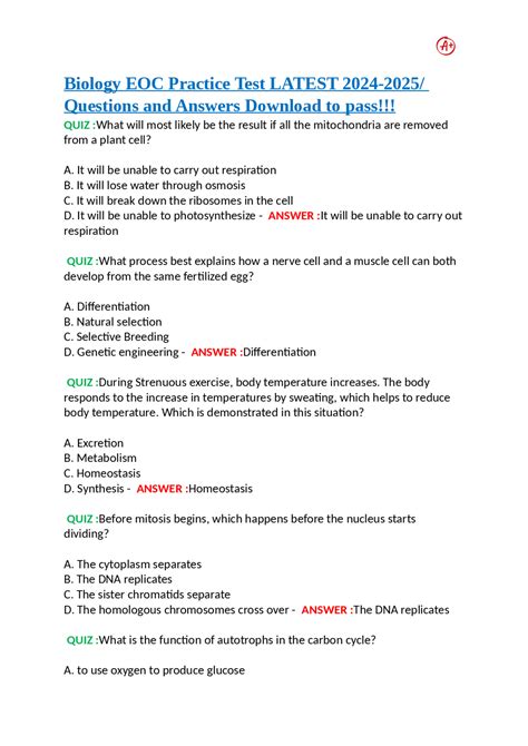 Biology Eoc Released Test Answer Key