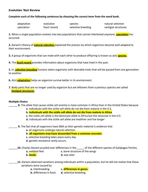 Biology Evolution Test Answers