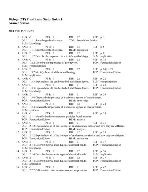 biology final exam study guide answers